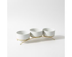 3-delige schaaltjes en kommetjes set met gouden houder – Decoratieve serveerschalen voor nootjes snacks tapas en hapjes – Luxe tafel decoratie – Kunststof kommen en schaaltjes set voor keuken borrel en feestelijk serveren