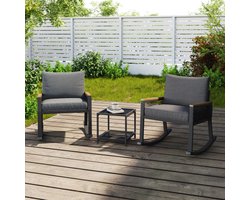 3-delige set, bistroset, schommelstoelset met touw, met glazen salontafel met zitkussen en rugleuning, geschikt voor tuin, terras