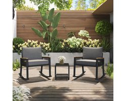 3-delige set, bistroset, schommelstoelset met touw, met glazen salontafel met zitkussen en rugleuning, geschikt voor tuin, terras