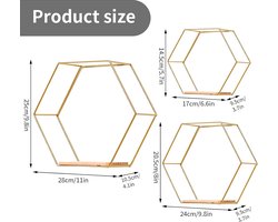 3-delige set hexagon wandrek hangrek, metaal en hout, zwevend rek, wandopbergrek, organizer voor keukenrek, badkamer, slaapkamer, wanddecoratie (goud)