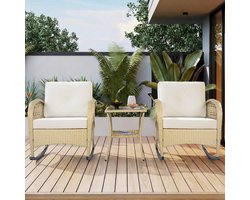3-delige set - rieten balkonmeubelset - balkon schommelstoel met beige kussen