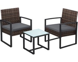 3-delige set tuinmeubelen in rotanlook - bruingrijs - PE-materiaal - VFT-vulling - gehard glas - 57,5 ​​cm x 53 cm x 76 cm