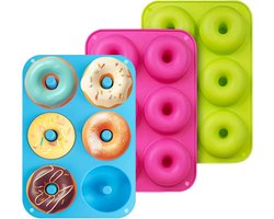 3-delige siliconen donutvormset - 6 groeven - Stapelbaar - Hittebestendig - Gemakkelijk schoon te maken - Antiaanbaklaag - Essentieel keukengereedschap - Geschikt voor donuts, bagels, koekjes - Blauw, groen, rozerood