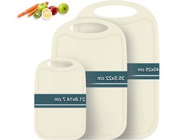 3-delige snijplankenset van plastic met sapgroeven en antislip handvatten, antibacteriële snijplanken in crèmekleur, BPA-vrij en vaatwasmachinebestendig