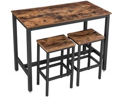 3-delige tafel- en krukkenset met een stevige en duurzame tafel van 120 x 60 x 90 cm met metalen frame en twee krukken van 40 x 30 x 65 cm, elk met een draagvermogen van 100 kg. Stapelbaar ontwerp om ruimte te besparen bruin+zwart