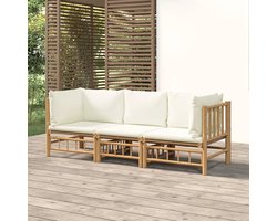 3-delige tuinmeubelset met crèmekleurige kussens van bamboe, set voor tuinmeubelen, tuinmeubelset voor buiten, zitgroep voor de tuin in de open lucht (SPU:3155183)