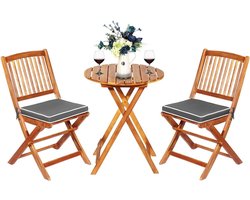 3-delige Tuinmeubelset van Acaciahout – Inklapbare Balkonset met Ronde Tafel en 2 Stoelen met Grijze Kussens, Perfect voor Buiten