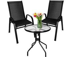 3-delige Tuinmeubelset voor Balkon - Stoelen en Tafel met Glasplaat, Weerbestendig en Stapelbaar