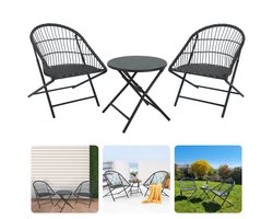 3-Delige Tuinset met Bijzettafel - Metaal - Bistroset - Vouwbaar - Inklapbaar - Balkon - Tuin - 2-Persoons - Comfortabel - Lichtgewicht - Compact - Zwart - 15 kg - 62x57x78 cm - 48x44 cm - 110 kg Draagkracht - Inclusief EBOOK