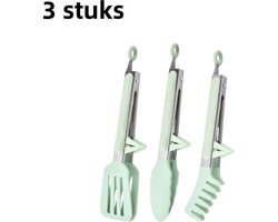 3-delige voedseltang - Hittebestendig en verbrandingsbestendig - Siliconen - Roestvrijstalen barbecuetang, keukentang - Geschikt voor steaks, bakken, salades - Keukengereedschap - Groen