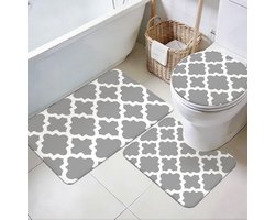 3-delige wollen badmat set met antislip badkamertapijten en U-vormig toiletdeksel hoes voor stijlvolle badkamerdecoratie, grijs wit, perfect voor entree en wasruimte