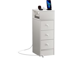 3 Drawers Bedside Table Wood Narrow Bedside Table with Power Outlet 2AC/2USB Side Cabinet Floor Mount Bedside Cabinet 1.5m Power Cord Bedside Desk for Bedroom Living Room Storage Cabinet EU Plug White
