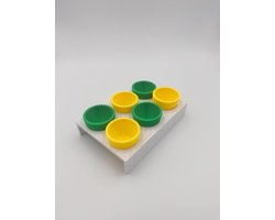 3 gele en 3 groene 3d geprinte eierdopjes in houder. Marmer look houder met 6 eierdopjes in stijl.