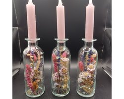 3 glazen kaarsenhouders met fleurige droogbloemen + oudroze kaarsen | sfeervolle woondecoratie | handgemaakt & uniek | cadeau-idee voor interieur & woonkamer