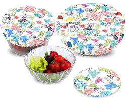 3 herbruikbare komhoezen, deksels, voedselhoes, uitgerekte deksels, waterdichte stoffen hoezen voor glazen slakom, pot, meloenen, elastische randen (bloemen A)