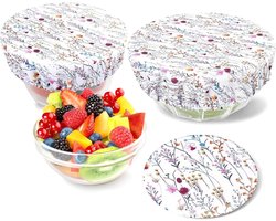 3 herbruikbare voedselhoezen, uitgerekte komdeksels, elastische stoffen deksels, past op verschillende maten glazen container, duurzame, anti-aanbakhoezen om voedsel vers te houden (bloemen B)
