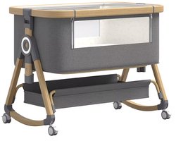 3-in-1 Babywieg Co-Sleeper met Schommelstand – Verstelbaar Babybedje met Wielen en Opbergmand – Grijs met Houtlook
