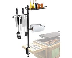 3-in-1 BBQ Organizer met Accessoirehouder - Grill Caddy voor Buitenkeuken - Camping BBQ Rek met Keukenrolhouder - Haakjes - Platte Opbergplank - Barbecue Gereedschap Houder