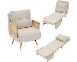 3-in-1 beige slaapstoel - slaapfunctie - uitklapbare relaxstoel - gastenbed - gepolsterde loungestoel - 5-standig verstelbare rugleuning en rotan armleuningen