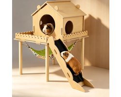 3-in-1 cavia-huis van hout, hamsterhuis met platform en trap, schuilplaats met hellingen, cavia-accessoires, konijnenhuis voor kleine dieren, schuilplaats voor knaagdieren