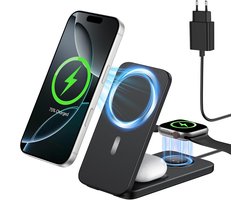 3 in 1 Draadloze Oplader Compatibel MagSafe, Opvouwbaar 15W Oplaadstation voor iPhone 17/16/15/14/13/12, Apple Watch/Series & AirPods Magnetische Draadloze Lader voor Bureau (Zwart)