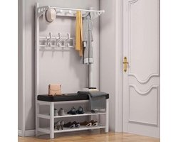 3-in-1 halkapstok met schoenenbank en opbergbank - Halboom 72 inch - 9 haken - metalen frame - 100x32x172cm - Zwart kapschuur