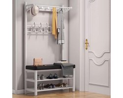 3-in-1 halkapstok met schoenenbank en opbergbank - Halboom 72 inch met organizer en 9 haken - Meubels met metalen frame - 100x32x172cm - Zwart kapschuur