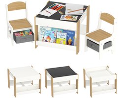 3-in-1 kindertafel- en stoelenset met krijtbord, stoffen lades en opbergruimte, wit en naturel