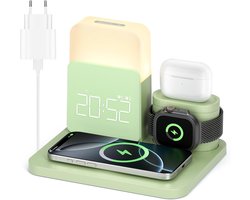 3-in-1 laadstation voor Apple Watch, iPhone, Airpods, 15W snelle draadloze oplader voor iPhone 17/16/15/14/13, nachtlampje met oplaadfunctie, wekker met laadstation, accessoires voor mobiele