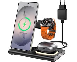 3-in-1 laadstation voor Samsung inductief laadstation [opvouwbaar en nachtlampje] | Draadloze oplader voor Samsung S26 Ultra-S10/Z Fold Flip8, reislader voor Galaxy Watch 8-1/Buds 4, (niet voor Watch 9/Ultra2)