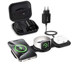 3-in-1 opvouwbaar inductief laadstation met adapter, magnetische draadloze oplader voor iPhone 15/14/13/12/Pro/Plus/Mini, draadloze oplader voor Apple iWatch 9/8/7/6/SE en oortelefoons 1/2/Pro