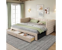3-in-1 slaapbank met bekleding, uitschuifbaar, 90 x 190 cm, multifunctioneel bed, met lades, om te bouwen tot eenpersoons-/tweepersoonsbed met lattenbodem, katoen en linnen, beige (matras niet inbegrepen)