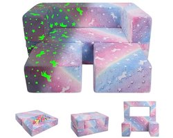 3-in-1 Slaapbank voor Kinderen - Modulaire Zitbank en Slaapstoel met Donker Verlichte Functie en Opbergtassen, Ideaal voor de Kinderslaapkamer of Speelkamer in Eenhoornroze