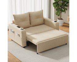 3-in-1 sofa bed - uittrekbare slaapbank met slaapfunctie - tweezitsbank met bekerhouder - zijvak - kussen en USB-aansluiting - beige