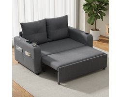 3-in-1 sofa bed - uittrekbare slaapbank met slaapfunctie - tweezitsbank met bekerhouder - zijvak - kussen en USB-aansluiting - grijs