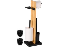 3 in 1 Toiletbutler - Staande wc-rolhouder, wc-borstel en reserverolhouder - 1 stuk - zwart - bamboe en ijzer