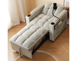 3-in-1 uitschuifbare eenpersoonsbank - met bekerhouder en telefoonhouder - slaapbank - ligstoel - fauteuil - 83x167x76 cm - grijs-wit