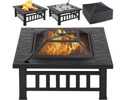 3-in-1 vuurschaal tuinhaard, 81 x 81 x 36,5 cm, vierkante vuurkorf met afdekking en vonkenbeschermingsrooster, Fire Pit voor terras, tafelhaard, outdoor, camping, kampvuur, verwarming