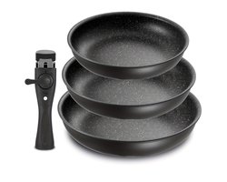 3 koekenpannen in verschillende formaten met 1 afneembare handgreep met veilige klik- en vergrendelfunctie