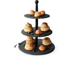 3-laags etagère met houten stam en leistenen serveerplateaus