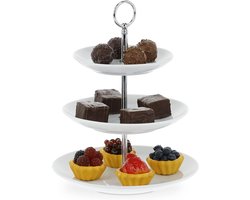 3-laags etagère van porselein - serveerstandaard voor koekjes, fruit, ontbijt - zilver en wit