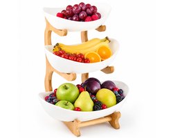 3-Laags Fruit etagère Wit - Luxe Europese Houten Snack- en Dessertstandaard - Bamboe Serveerplateau voor Fruit en Gebak