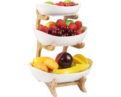 3-laags Fruitmand met Keramische Schalen en Bamboe Standaard – Etagère voor Fruit, Snacks & Desserts – Ruimtebesparende Keuken Organizer – Decoratieve Serveerschaal voor Keuken & Tafel – Wit/Naturel