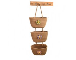 3-Laags hangende bloemenmand — Grote wanddecoratie in bohemianstijl — Hangplantenbak — Katoenen wandmand — Opbergmand — Wandmand met handvatten — Geweven decoratieve hangmand — Geschikt voor muren, badkamers en kinderkamers