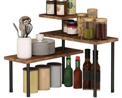 3-Laags Keuken Hoekrek - Draaibaar Houten Keuken Organizer - Multifunctioneel Kruidenrek - Opbergrek voor Keuken, Aanrecht en Hoek - Vintage Bruin Metaal en Hout Combinatie