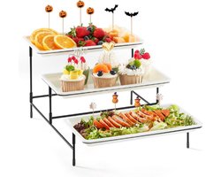 3-Laags Partij Dienblad - 30x17cm Witte Herbruikbare Serveerschalen Met Zwarte Metalen Standaard - Etagère Voor Groenten Fruit Koekjes En Desserts