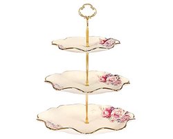 3-laags Porseleinen Taartstandaard met Gouden Metalen Stangen - Etagère voor Feesten en Speciale Gelegenheden