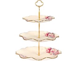 3-laags Porseleinen Taartstandaard met Gouden Metalen Stangen - Etagère voor Feesten en Speciale Gelegenheden