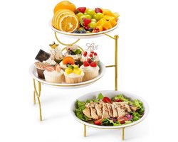 3-Laags Ronde Serveerschaal - Herbruikbare Witte Trays met Gouden Standaard - Etagère voor Snacks, Fruit, Koekjes, Dessert en Buffet - Feest Accessoire