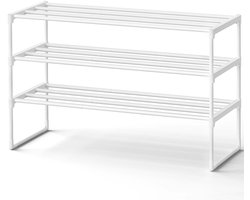 3-laags schoenenrek 30,5x92x55 cm Wit, opslagt capacity voor 12-15 paar schoenen, eenvoudig te monteren en schoon te maken, stapelbaar ontwerp, stevige metalen frame, moderne en minimalistische uitstraling, geschikt voor kledingkast en hal